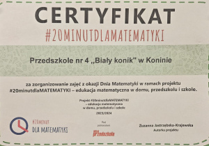 Udział Przedszkola nr 4 „Biały konik” w projekcie #20minutdlaMATEMATYKI