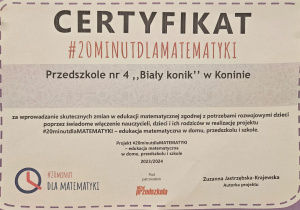 Udział Przedszkola nr 4 „Biały konik” w projekcie #20minutdlaMATEMATYKI